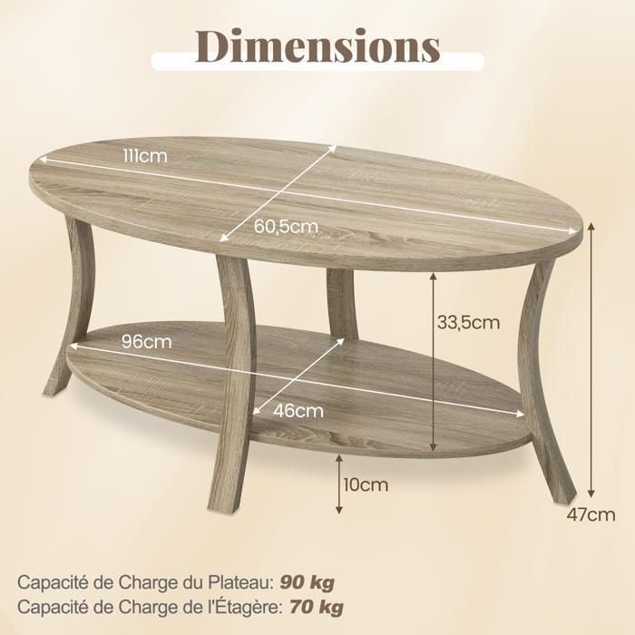 Mesa de centro ovalada COSTWAY con 2 niveles, mesa de centro de madera de caucho, estante de almacenamiento, mesa de centro para sala de estar, capacidad de carga 160 kg, natural