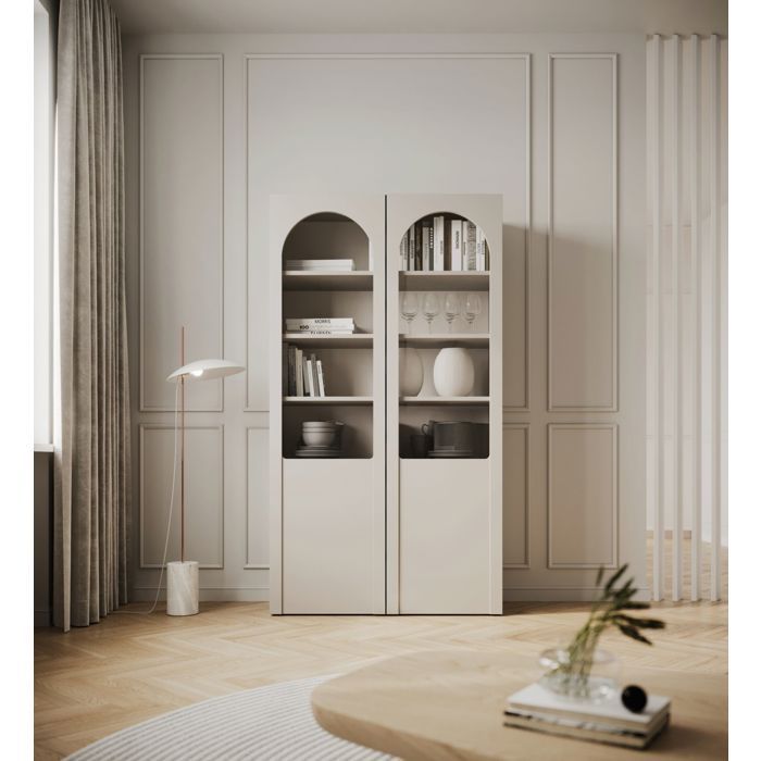 Vitrina con puertas arqueadas y frentes de cristal – SELSEY ARKADIA – 100 cm – gris cachemir