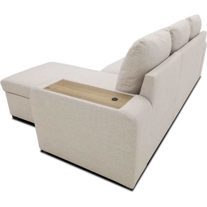 VALDO 3-4-zits omkeerbare hoekbank met slaapfunctie - Beige stof - Tablet met USB-poort - Opbergruimte + poef - B247xD143xH86 cm