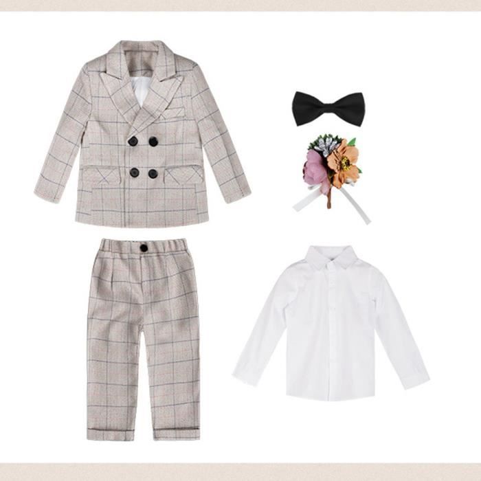 Conjunto de 5 piezas para bebés varones, traje a cuadros, esmoquin, para noche, ceremonia, boda - Caqui