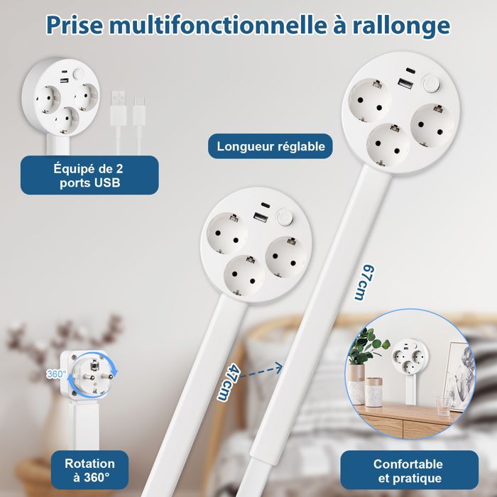Multiprise avec 3 Prises, USB-C et USB-A, 47-67 cm Câble Extensible, Multiprises avec Interrupteur, Murale, pour Bureau, Bureau