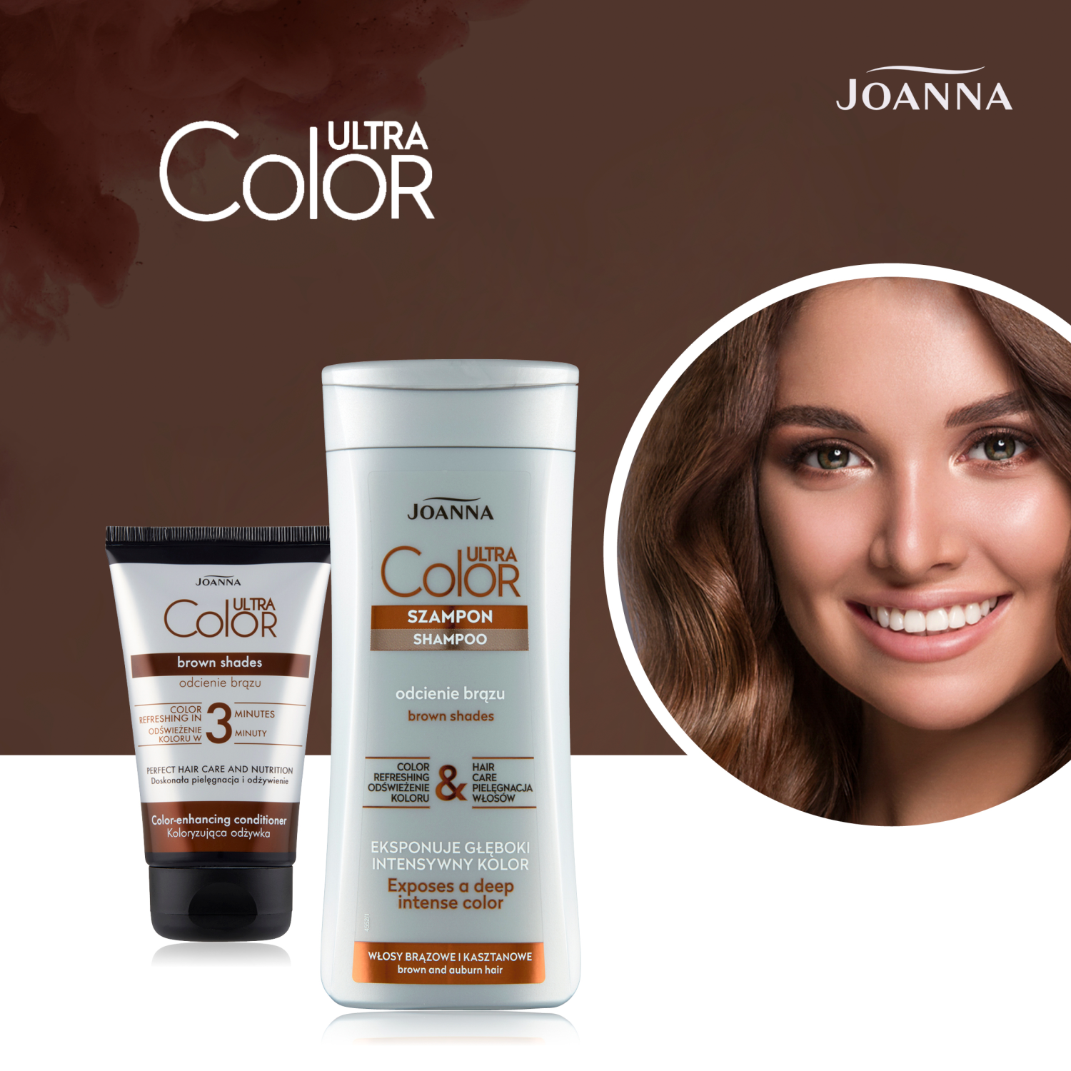 Joanna Ultra Color kondicionér na vlasy, který zvýrazňuje a osvěžuje hnědé tóny na barvených nebo přírodních vlasech 100 ml