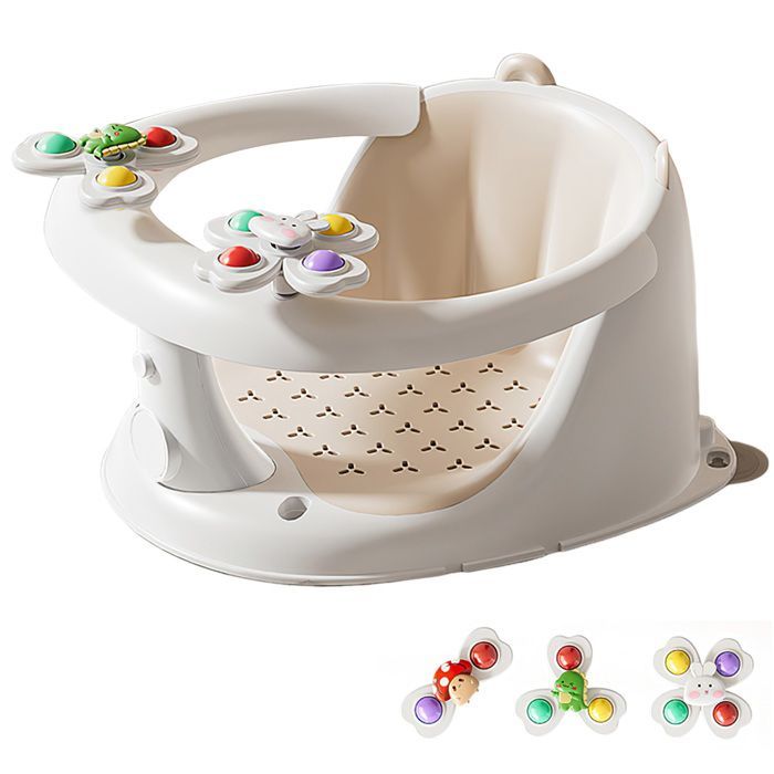 Seggiolino da bagno per neonati con 3 giochi rotanti. Realizzato in PP+TPE ecologico. Adatto a bambini da 1 a 3 anni.