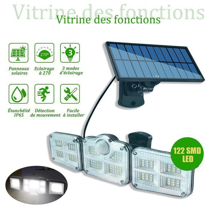 Solar-Außenleuchten, 122 SMD-LEDs, IP65 wasserdicht, Bewegungsmelder, Weitwinkelbeleuchtung, für Garten und Garage
