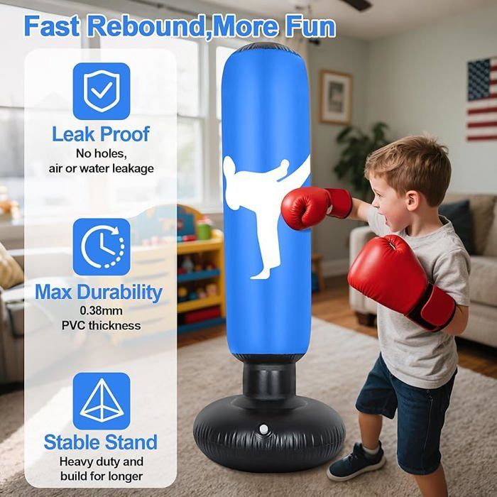 Saco de boxeo infantil de 160 cm, con guantes y bomba de inflado, ideal para niños, taekwondo y karate, de 3 a 12 años, color azul.
