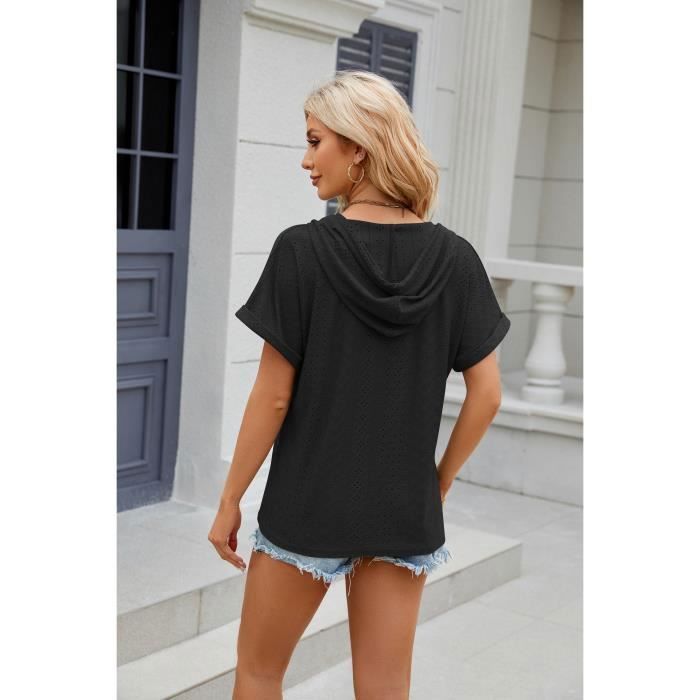Camiseta de manga corta con capucha para mujer, con botones, corte holgado, cómoda, color liso, ideal para el verano - Talla europea - Negra