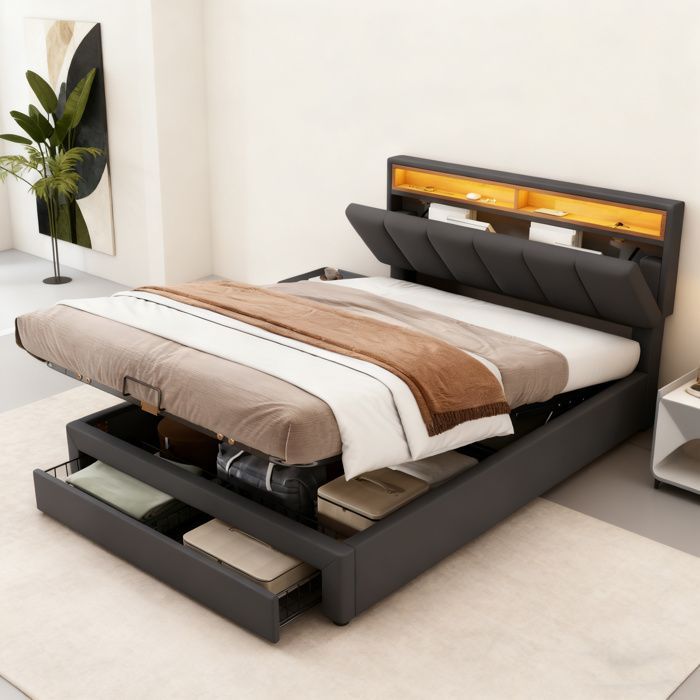Cama con almacenamiento de 140x190 cm - NEXU - Gris antracita - LED integrado - Cajones de almacenamiento - Cabecero ajustable