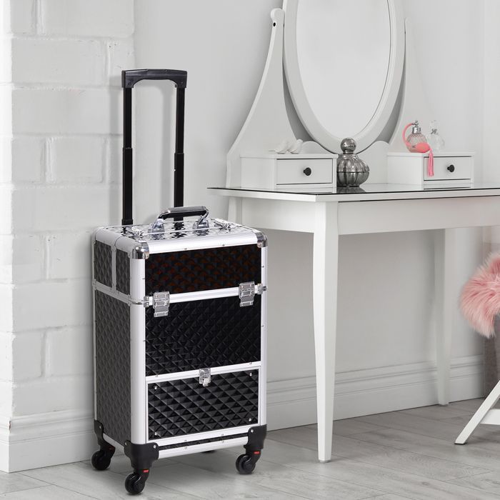 Maletín de maquillaje con ruedas - HOMCOM - neceser cosmético con asa telescópica ajustable - aluminio - 34x25x62cm - negro