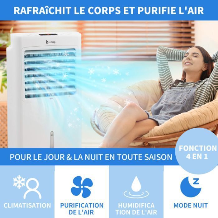 Condizionatore d'aria portatile, raffrescatore d'aria portatile 4 in 1, 3 velocità, con telecomando, 38 x 28 x 74 cm, bianco