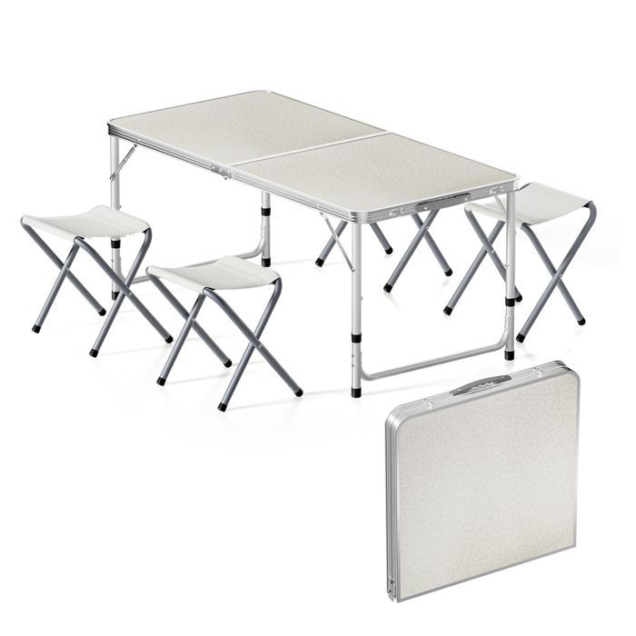 Kit de mesa plegable de camping Wiltec, 1200 x 600 x 545 mm, con 4 taburetes, mesa portátil de MDF/aluminio blanco, altura ajustable.