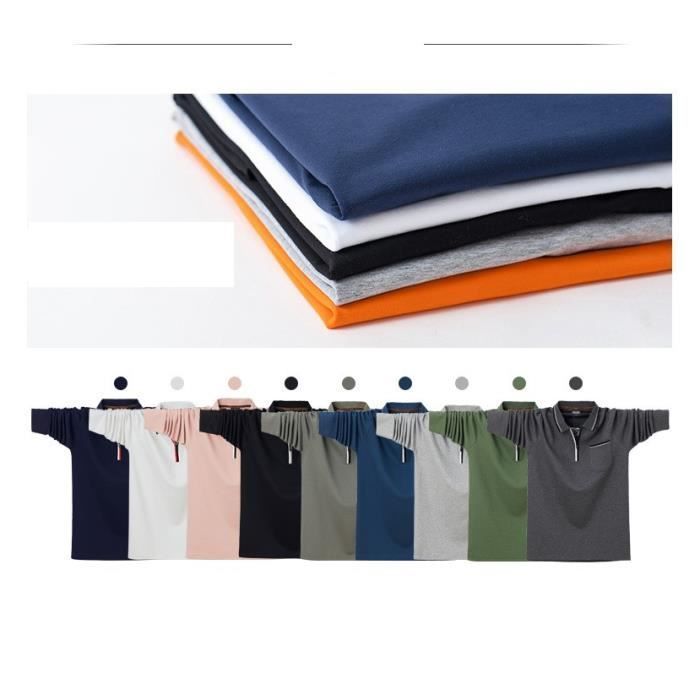 INSFITY Men's Polo Shirt - Long Sleeves, Fold-Down Zip Collar - Cotton - Light Grey