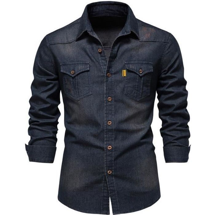 Men's Shirt, Long Sleeve Denim Collar Shirt, Retro Casual Shirt with Pockets - Dark Blue
