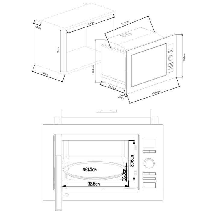 CONTINENTAL EDISON CEMO25GEB2 Built-in Microwave Grill, Black, W59.5 x H38.8 x D40 cm, 25L