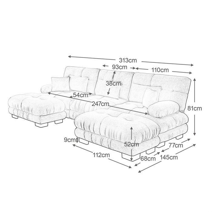 Sofá em formato de U DRIPEX Cloud de 4/5 lugares para sala de estar, sofá escandinavo em chenille com almofadas e pufe, 313×145×81cm, rosa