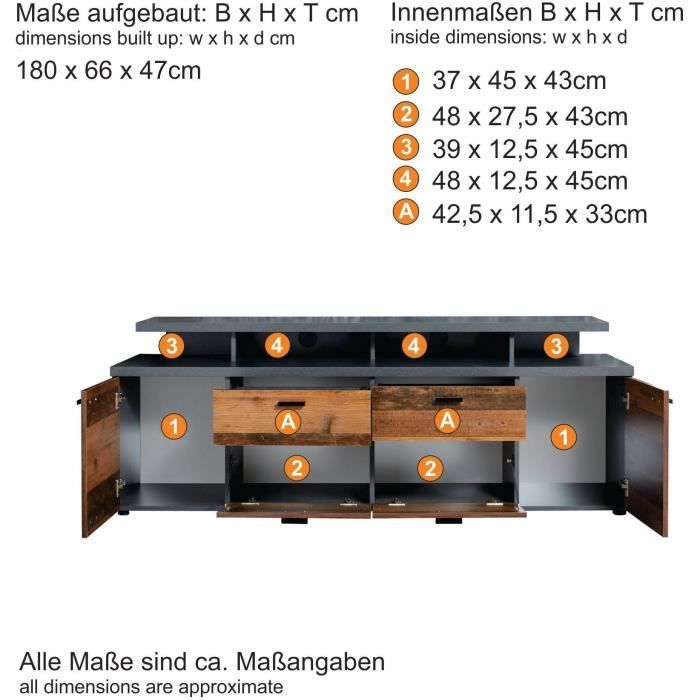 Mueble para TV MOOD con 2 puertas y 2 cajones - Madera envejecida y melamina gris mate - 180 x 47 x 66 cm