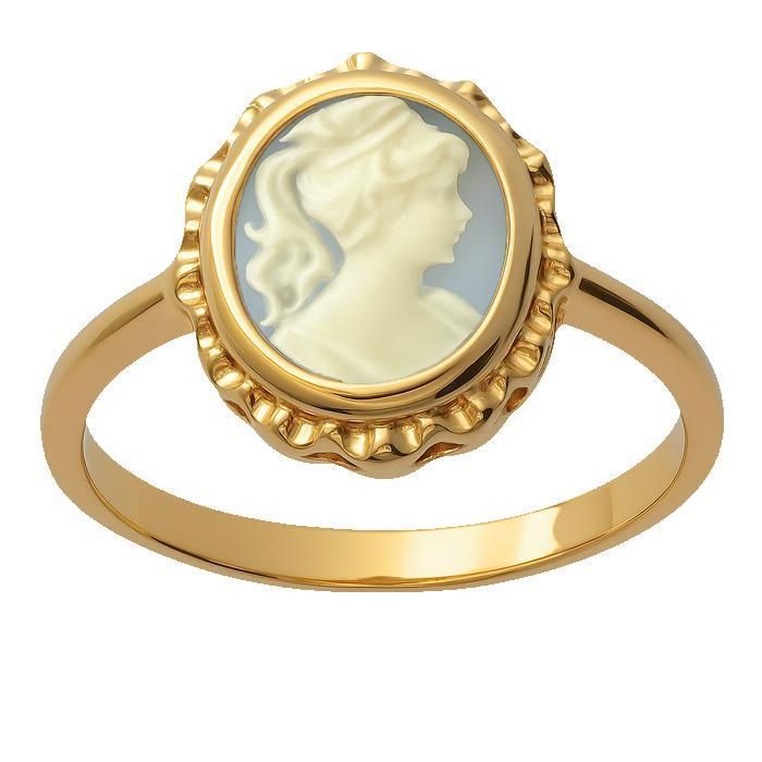 Vintage damesring met camee, 18-karaats verguld – Retro camee-sieraad, Grieks/Romeins profiel, blauw