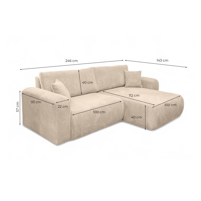 Sofá esquinero ALYA de 4 plazas, compacto, reversible y convertible, en pana - Beige