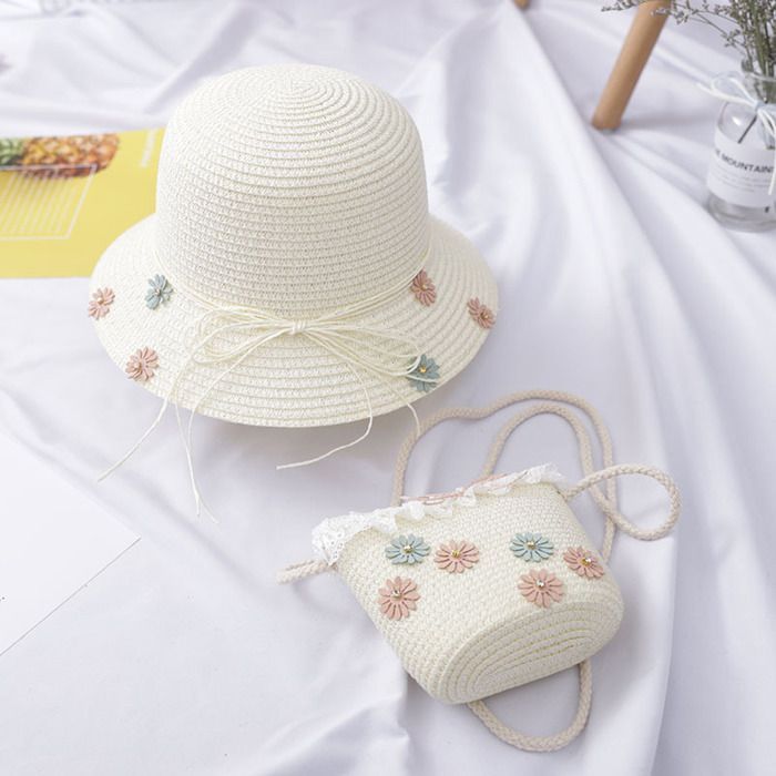Conjunto de sombrero de paja y bolso para niña, pequeño, de 2 piezas con parasol floral - FUNMOON