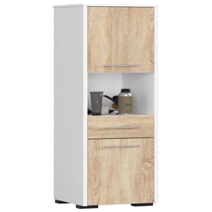 AKORD FIN Witte Badkamerkolom 30 cm 2 Deuren 1 Lade Sonoma Eiken Front 5 Planken 30x30x140 cm