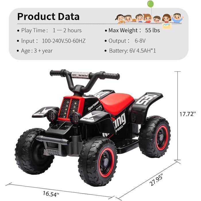 Quad eléctrico de 6 V para niños, coche eléctrico infantil con luces LED y música, 1,8 km/h con claxon, ATV para niños de 3 años en adelante, rojo.