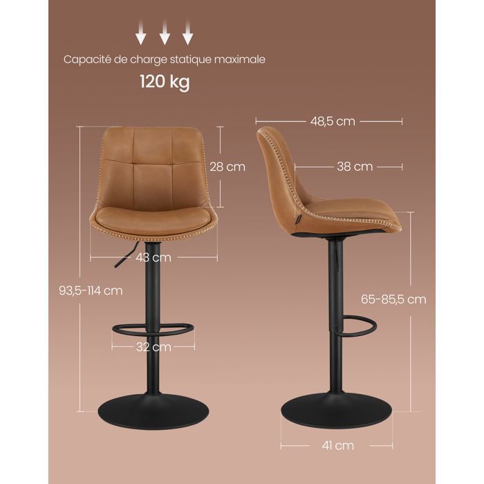 VASAGLE Tabourets de Bar, Lot de 4, Siège Pivotant à Hauteur Réglable, Matelassé, en PU, avec Dossier et Repose-Pieds, Acier, Marron