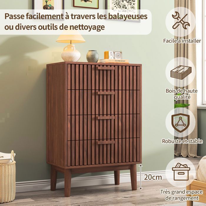 Commode 4 tiroirs, Commode Chambre Adulte 60x34x91cm, Meuble de Rangement en Bois, pour Salon, Chambre et Couloir, Bois noyer