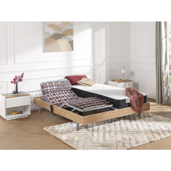 Cama eléctrica de relajación con base de láminas + colchón de muelles ensacados y espuma viscoelástica - 2 x 80 x 200 cm - Roble - PHANES by YSMÉE