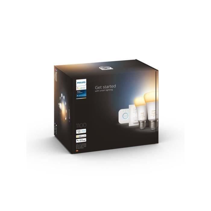 Kit de inicio de bombillas LED inteligentes PHILIPS Hue blancas - 10,5 W - Paquete de 2 bombillas E27 - Control remoto Hue - Puente - Enchufe inteligente