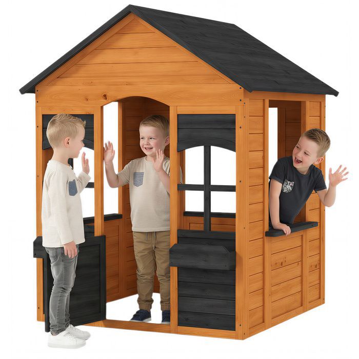 Maison de jeu extérieure - AIYAPLAY - demi-porte, fenêtres, bacs à fleurs - pour 3-8 ans - bois - 110,6x106,6x138cm - marron clair