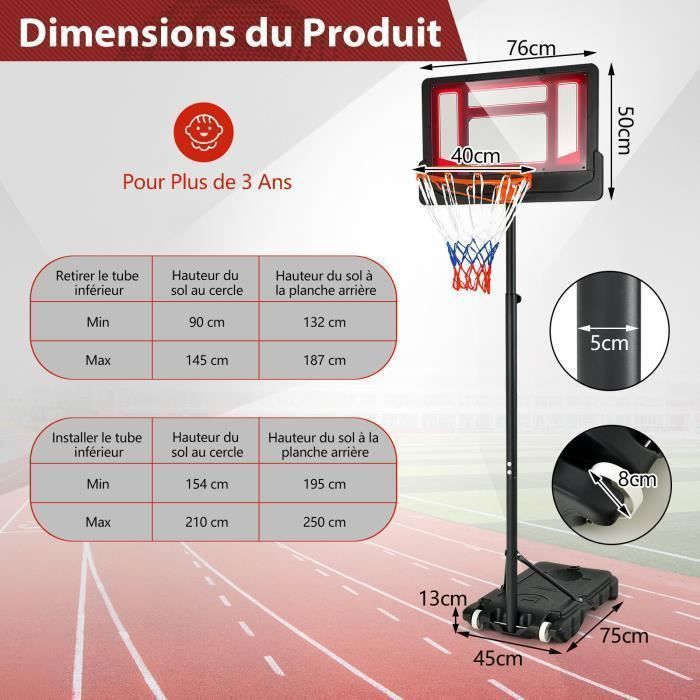 Aro de baloncesto independiente COSTWAY con ruedas - Altura ajustable de 90 a 210 cm - Tablero de PE - Rellenable con agua o arena - Para mayores de 3 años - Rojo