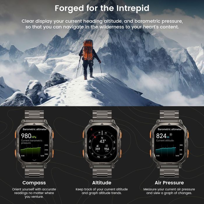KOSPET M3 Ultra Smartwatch voor heren, GPS-sporthorloge, batterijduur van meer dan 40 dagen, waterdicht tot 50 meter, slaaptracker, belfunctie - 2 bandjes - zwart