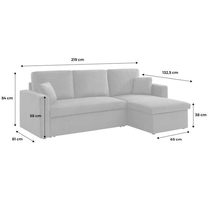 Sofá-cama de canto em veludo cotelê cáqui escuro - IDA - 3 lugares. Poltrona de canto reversível com compartimento de armazenamento.