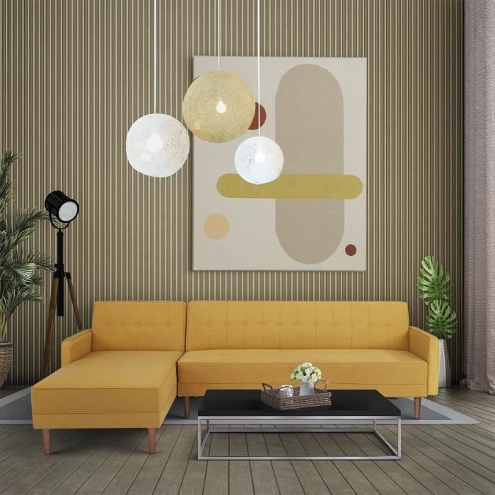 Sofá-cama de canto reversível de 3 lugares - Tecido amarelo mostarda - Pés de madeira - L 286 x P 169 x A 80 cm - IMANIA