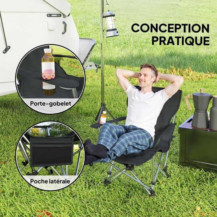 Chaise de camping - Outsunny - pliante - avec repose-pied amovible, appui-tête, porte-gobelet et sac de transport - noir