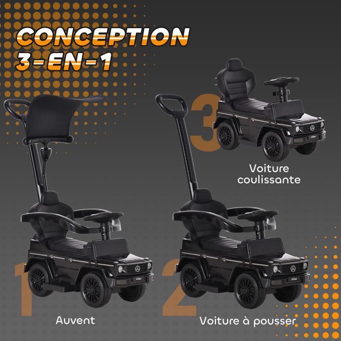 Porteur enfants - HOMCOM - voiture enfant multi-équipée klaxon marche-pieds garde-corps - plastique - 12-36 mois - noir