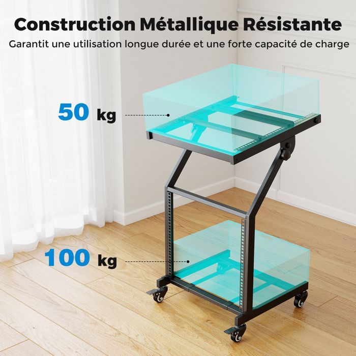 Soporte de audio profesional de 2 niveles COSTWAY, soporte para mezclador de DJ de 9U, barras ajustables, ruedas con bloqueo.
