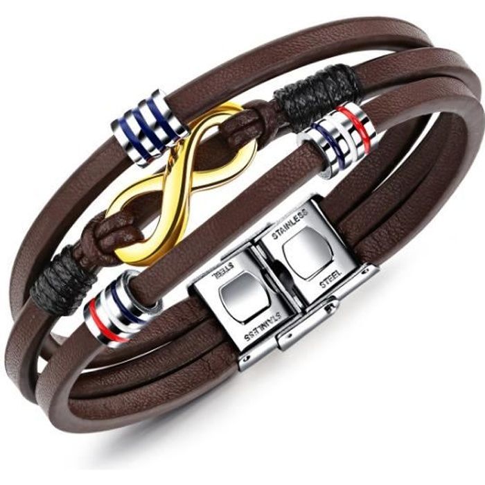 Men's Leather Bracelet - ORGANGONFAND - Brown - Titanium Steel - Multilayer - Birthday Gift