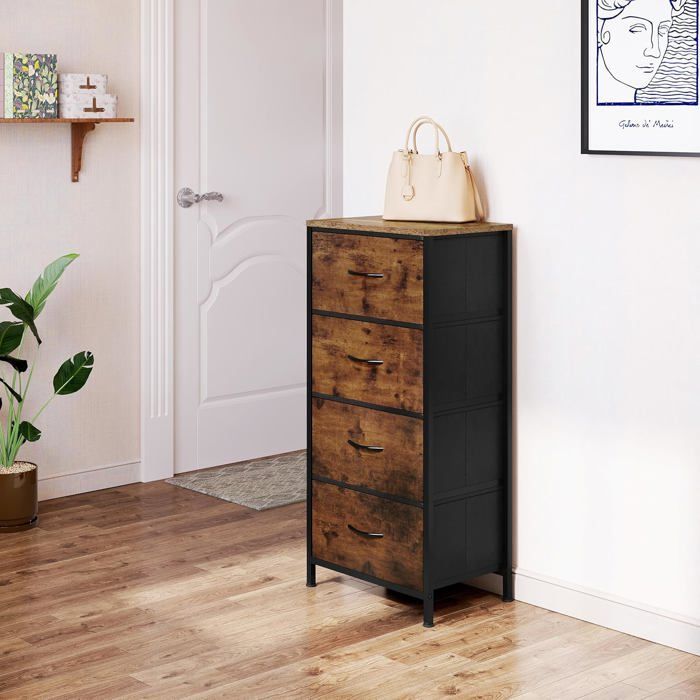 WOLTU Commode, Meuble à 4 Tiroirs en Tissu, Cadre en Métal, Dessus en Bois d'Ingénierie E1, Marron Rustique+Noir W0ITT0116