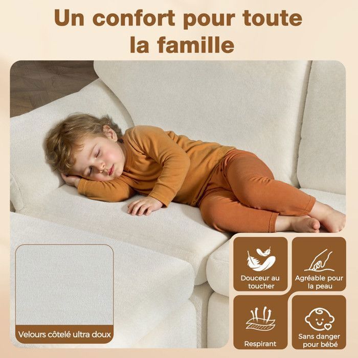 Canapé d'angle Convertible 5 pcs, Tissu velours polaire beige, Canapé avec 5 Oreillers et 2 repose-pieds, 240 x 140 x 65 cm