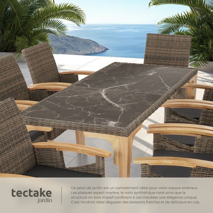Mesa de jardín - TECTAKE - FOGGIA, mesa de comedor de ratán con tablero de gres desmontable, estructura de aluminio, 196x87x76cm - Marrón natural