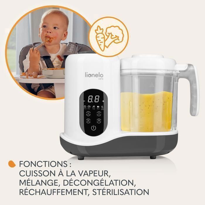 LIONELO Babymenu Robot da cucina 5 in 1 per neonati: frullatore, vaporiera, scaldabiberon, scongelatore e sterilizzatore.