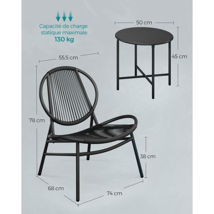 Set tavolo e sedie da giardino, 3 pezzi, sedie Acapulco, per patio, giardino, balcone, nero inchiostro