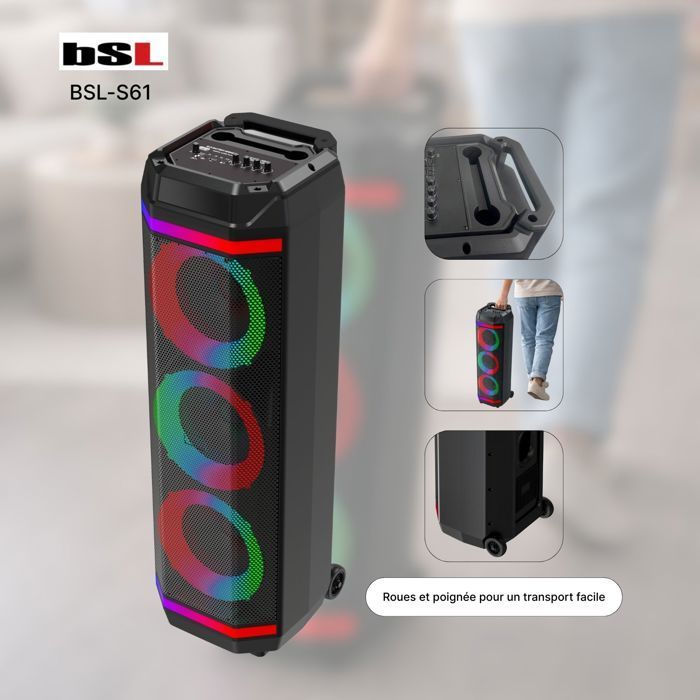 Enceinte Bluetooth BSL-S61 50 W, microphone intégré, radio FM/USB MP3, fonction karaoké USB-C