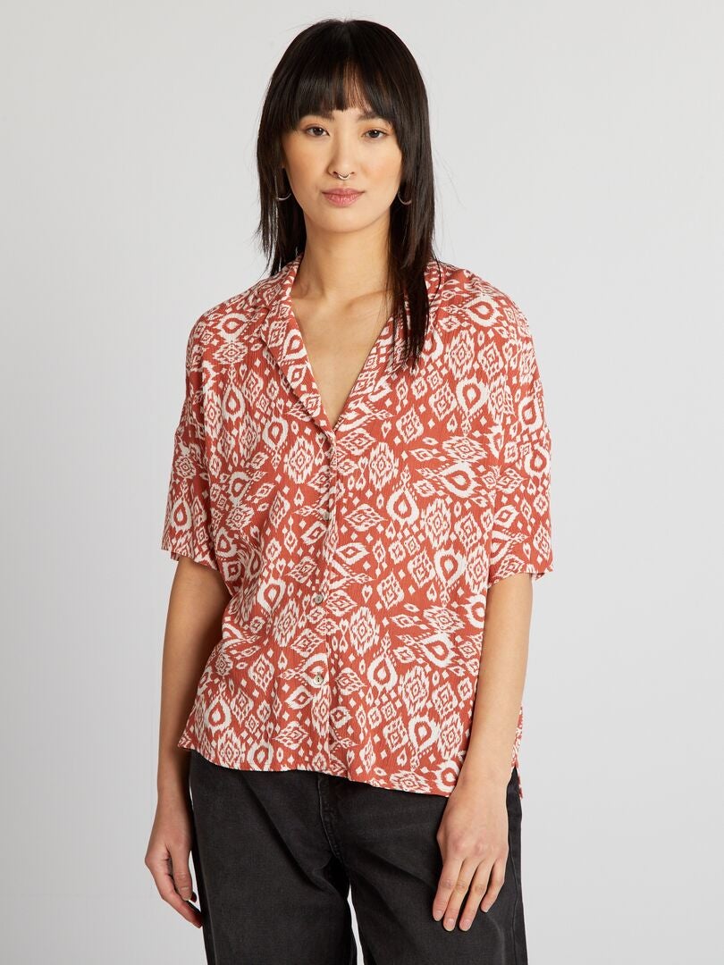 Crêpe blouse met korte mouwen - BRUIN