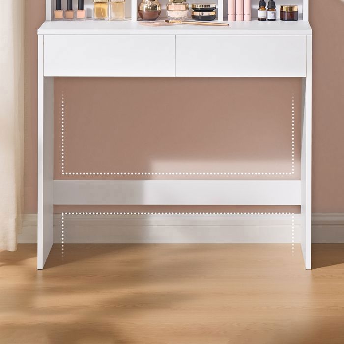 Coiffeuse, avec Miroir LED, avec Rangement, 2 Tiroirs et 3 Compartiments, Blanc