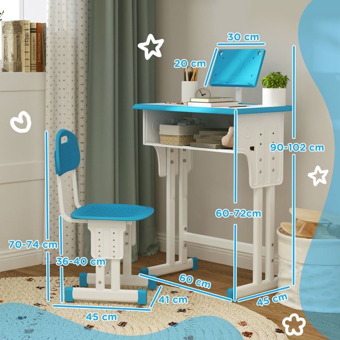 Escritorio y silla infantil HOMCOM con atril de lectura, compartimento de almacenamiento, gancho y portalápices - altura regulable - 60 x 45 x 90-102 cm