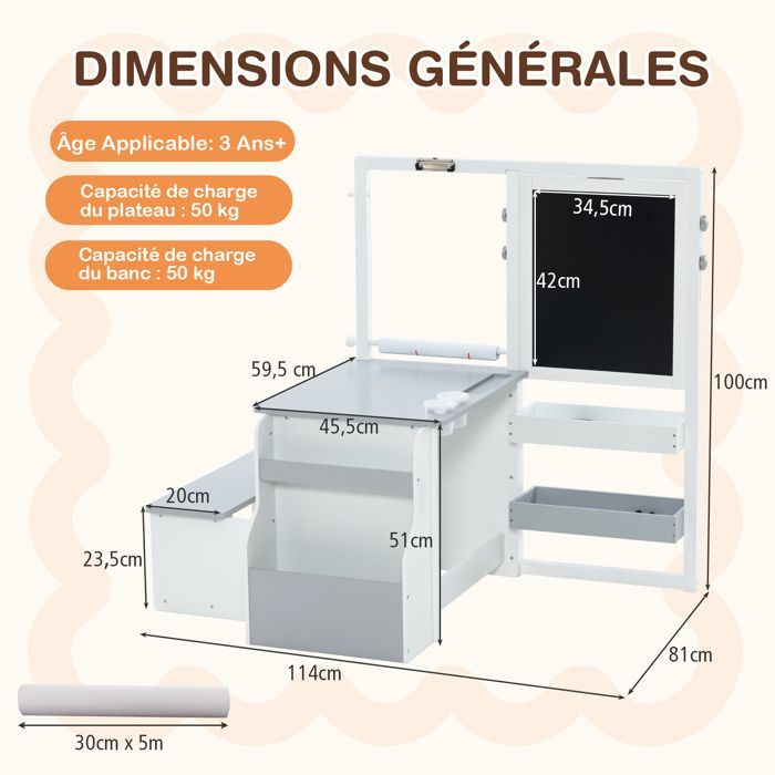 Mesa infantil GOPLUS para mayores de 3 años con silla y pizarra blanca negra ajustable + almacenamiento - Rollos de papel intercambiables, gris y blanco
