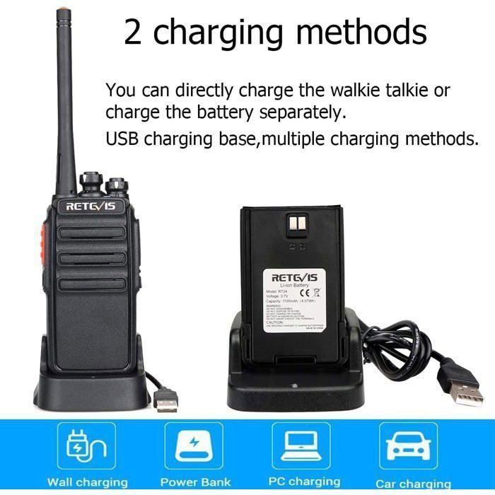 Walkie Talkie recargable Retevis RT24 PMR446, sin licencia, 16 canales, CTCSS/DCS, con base de carga USB y auriculares (6 unidades).