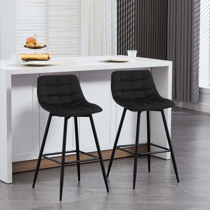 Conjunto de 2 banquetas WOLTU com apoio para os pés, banquetas para bar/bistrô, assento de veludo, pés de metal, pretas