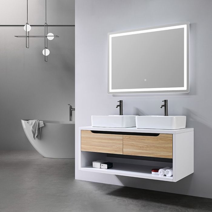 Mueble de baño con doble lavabo de 120 cm en madera y blanco con espejo LED LB-8153-120 LuxuryBain-